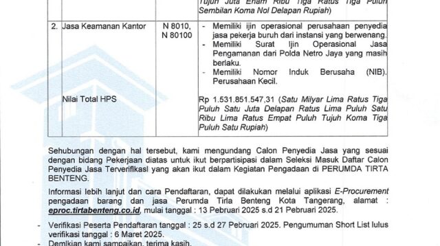 Perumda Tirta Benteng Buka Seleksi Pengadaan Jasa Keamanan dan Kebersihan TA 2025