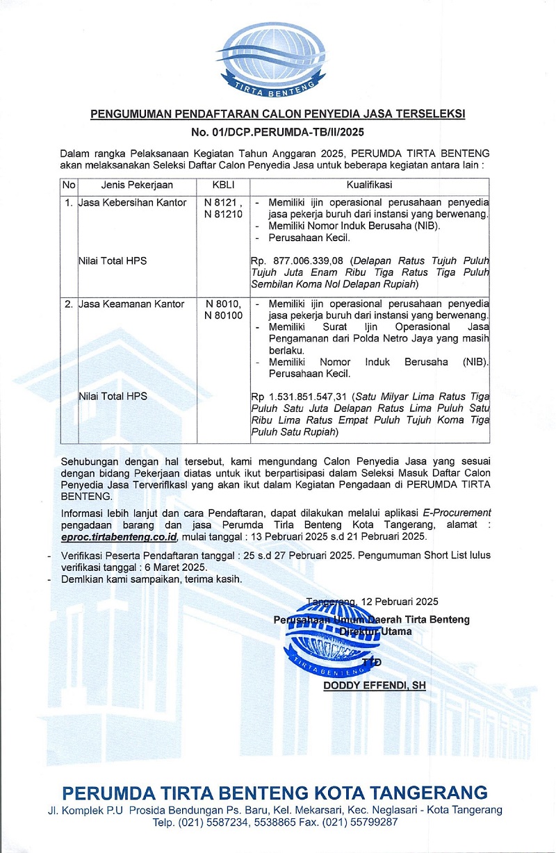 Perumda Tirta Benteng Buka Seleksi Pengadaan Jasa Keamanan dan Kebersihan TA 2025