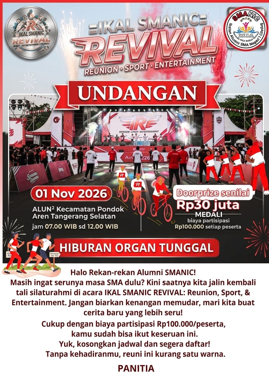 Ikatan Alumni SMA Negeri 1 Ciledug (IKAL SMANIC) Kota Tangerang, Banten, berencana menggelar reuni akbar lintas generasi pada 1 November 2026