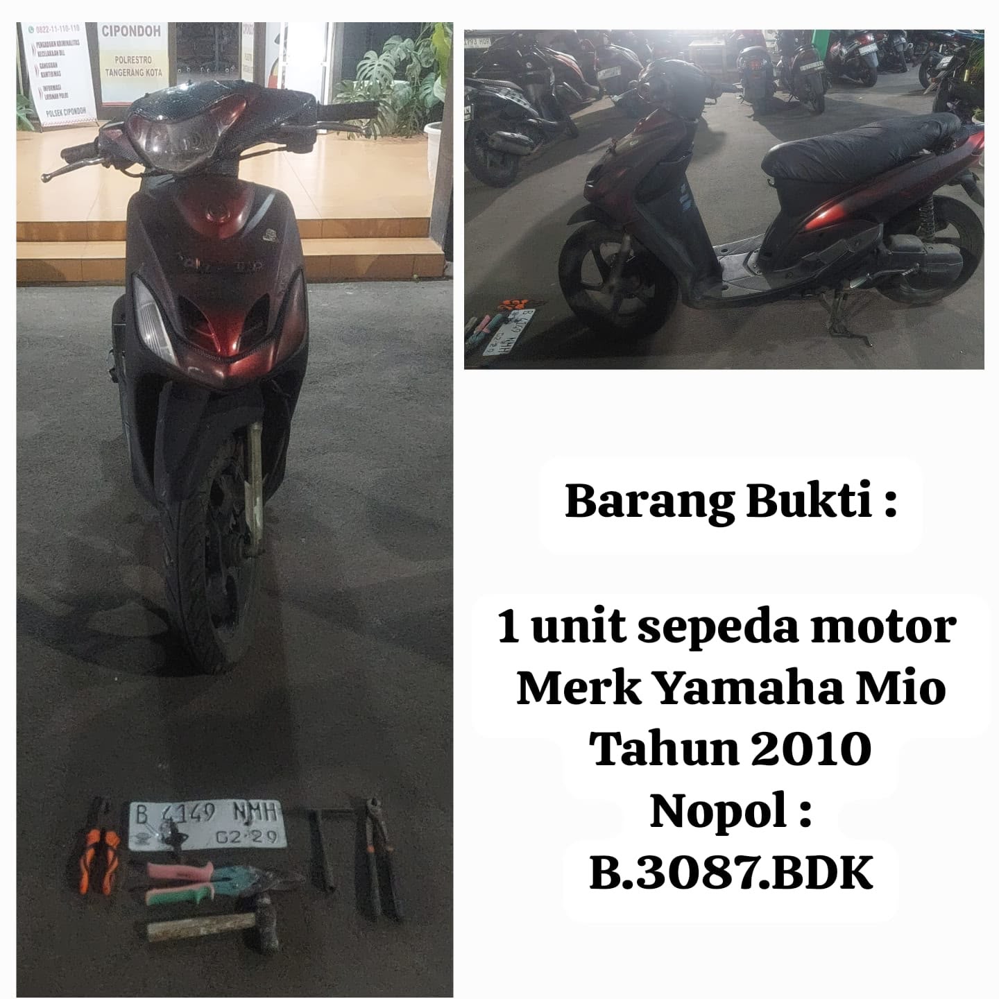 Residivis Curanmor Dibekuk Polsek Cipondoh, Motor Curian Dipilok demi Hilangkan Jejak